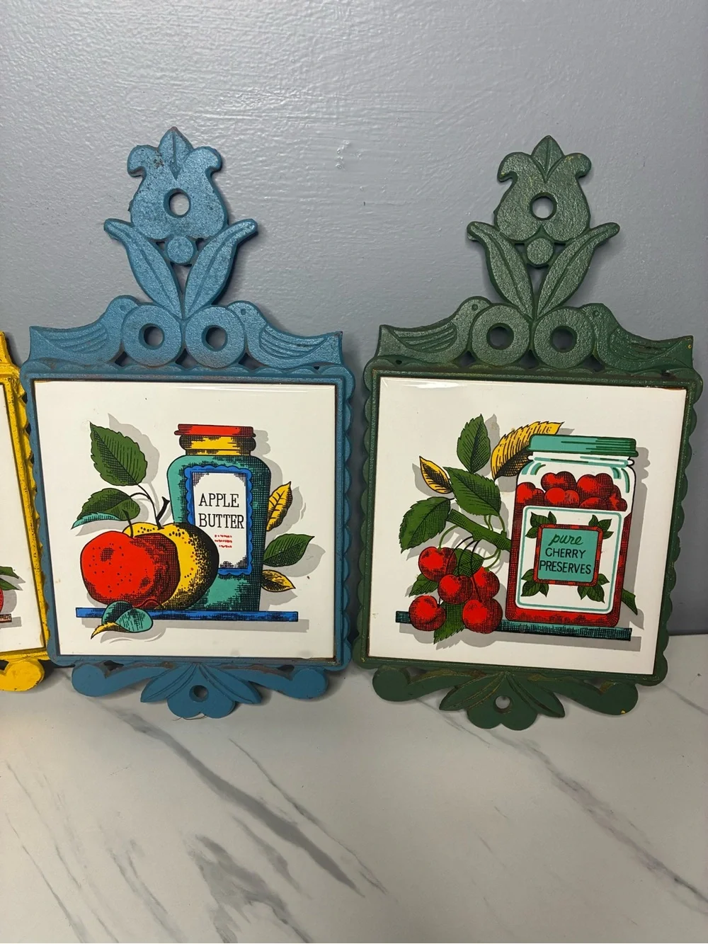Set of 4 Vintage Italian Fruit Preserve Tile Trivets Cast Metal Frames